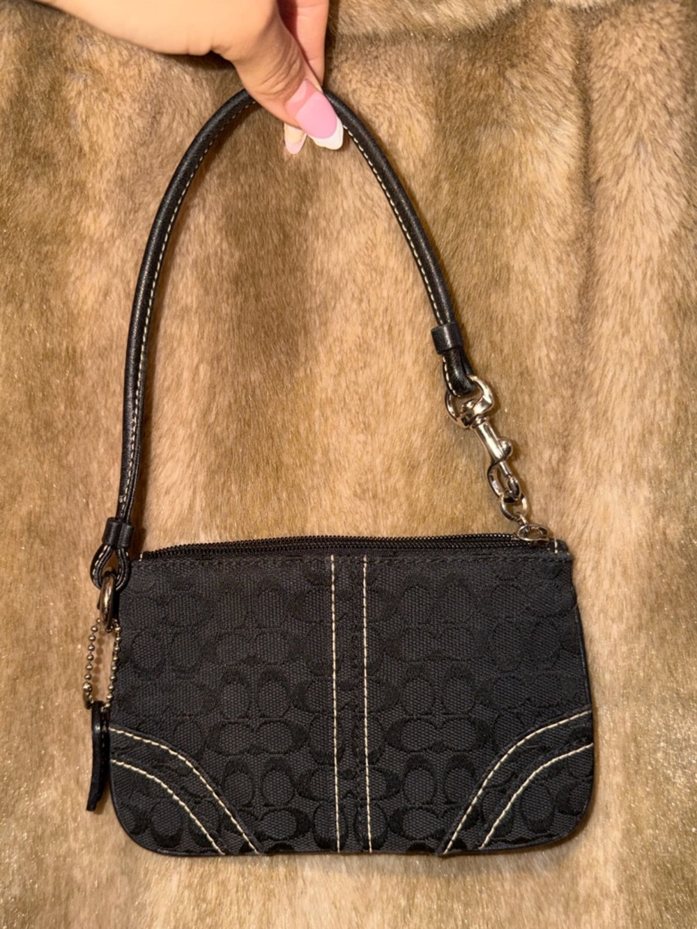 Coach Black Signature Wristlet with Contrast Stitching